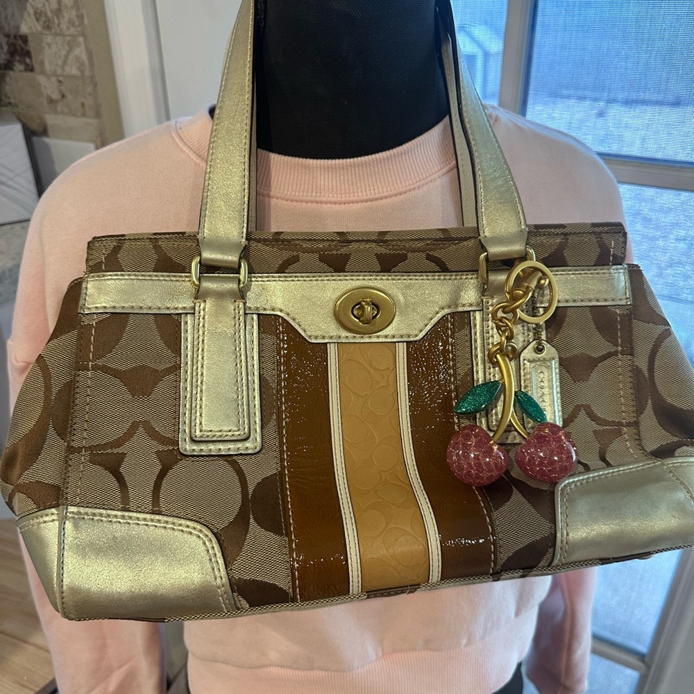 Coach Brown and Gold Shoulder Bag with Monogram